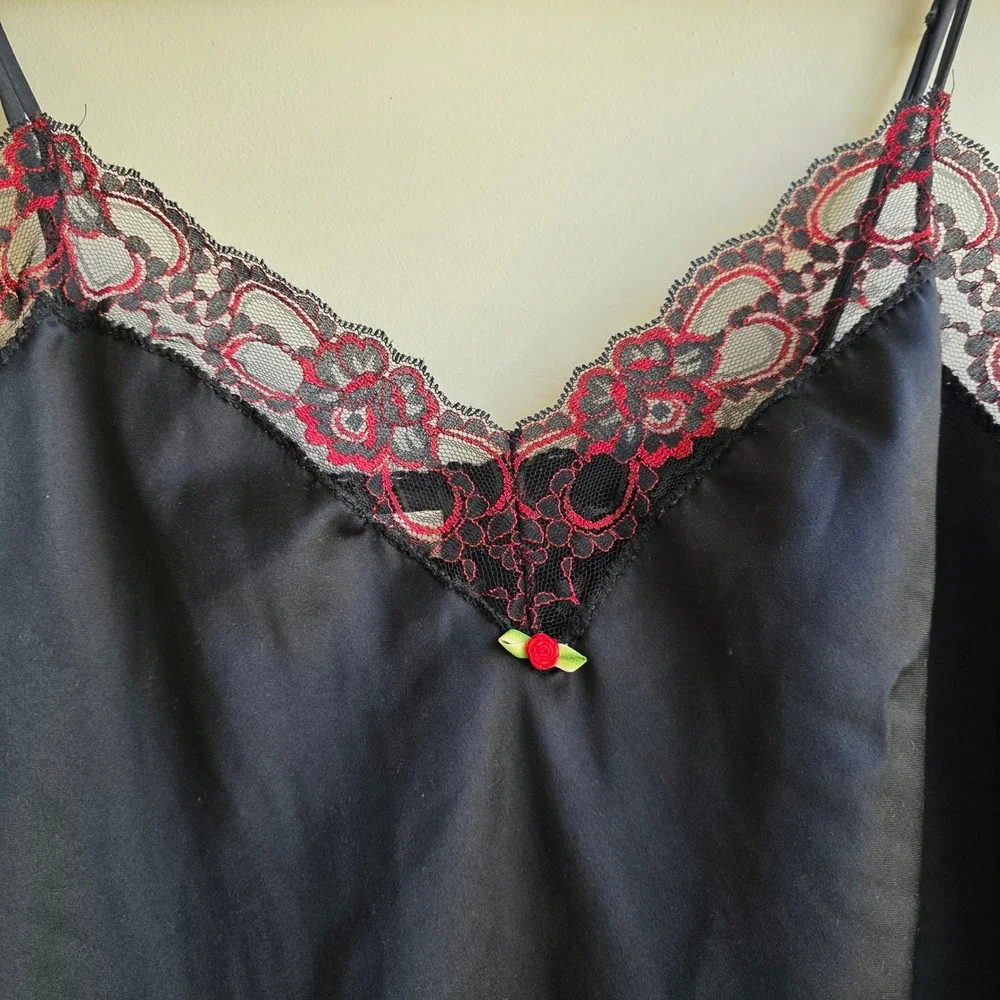 Vintage Black Satin Lace Chemise Nightgown Red Floral Trim Goth Vampy Slip Dress